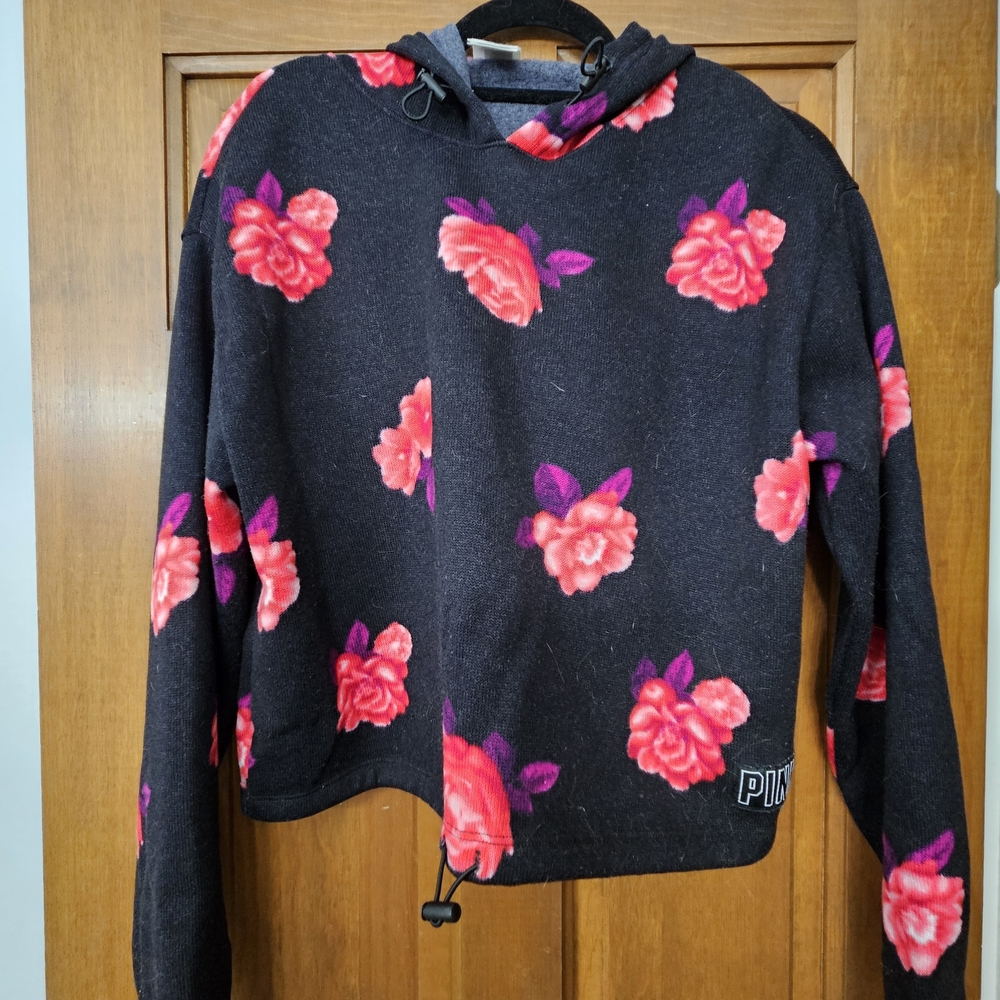 Cropped PINK Victoria's Secret Black Hoodie with Pink Floral Design